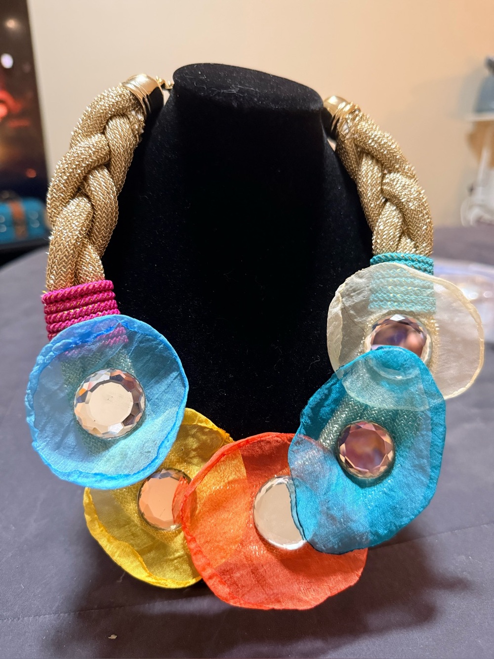 Gold Braided Collar Necklace with Multicolor Fabric Flowers